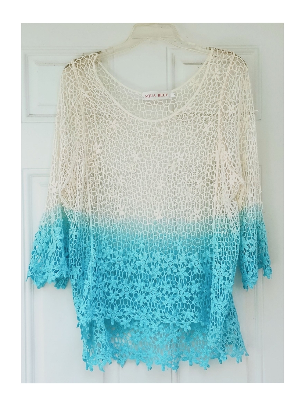 Aqua Blu White Crochet Lace Shell, Beach Coverup, Shear
